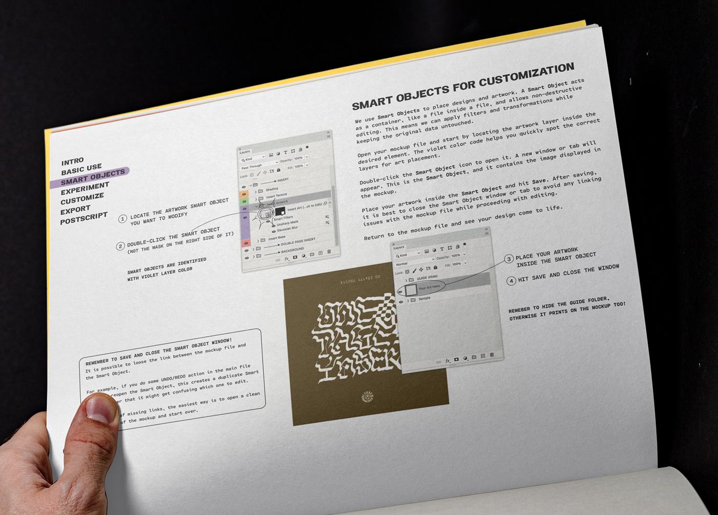 Spread from the Glue Lab Mockup Handbook showing the smart object system